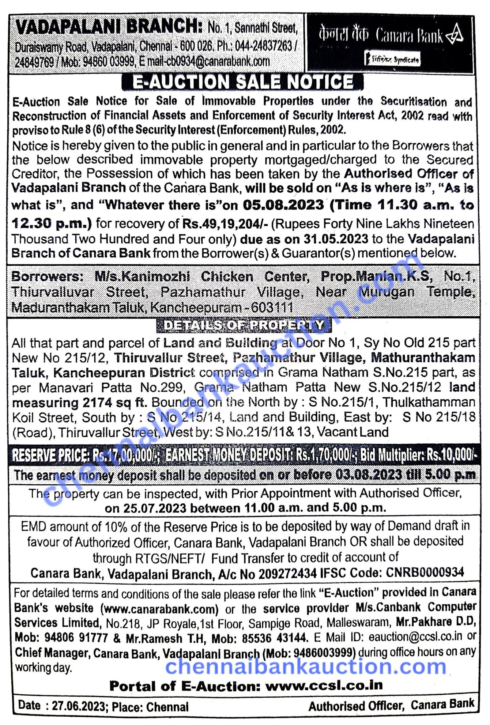 BANK AUCTION PROPERTIES CHENNAI BANK AUCTION