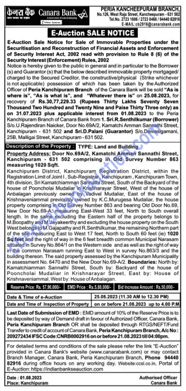 BANK AUCTION PROPERTIES CHENNAI BANK AUCTION
