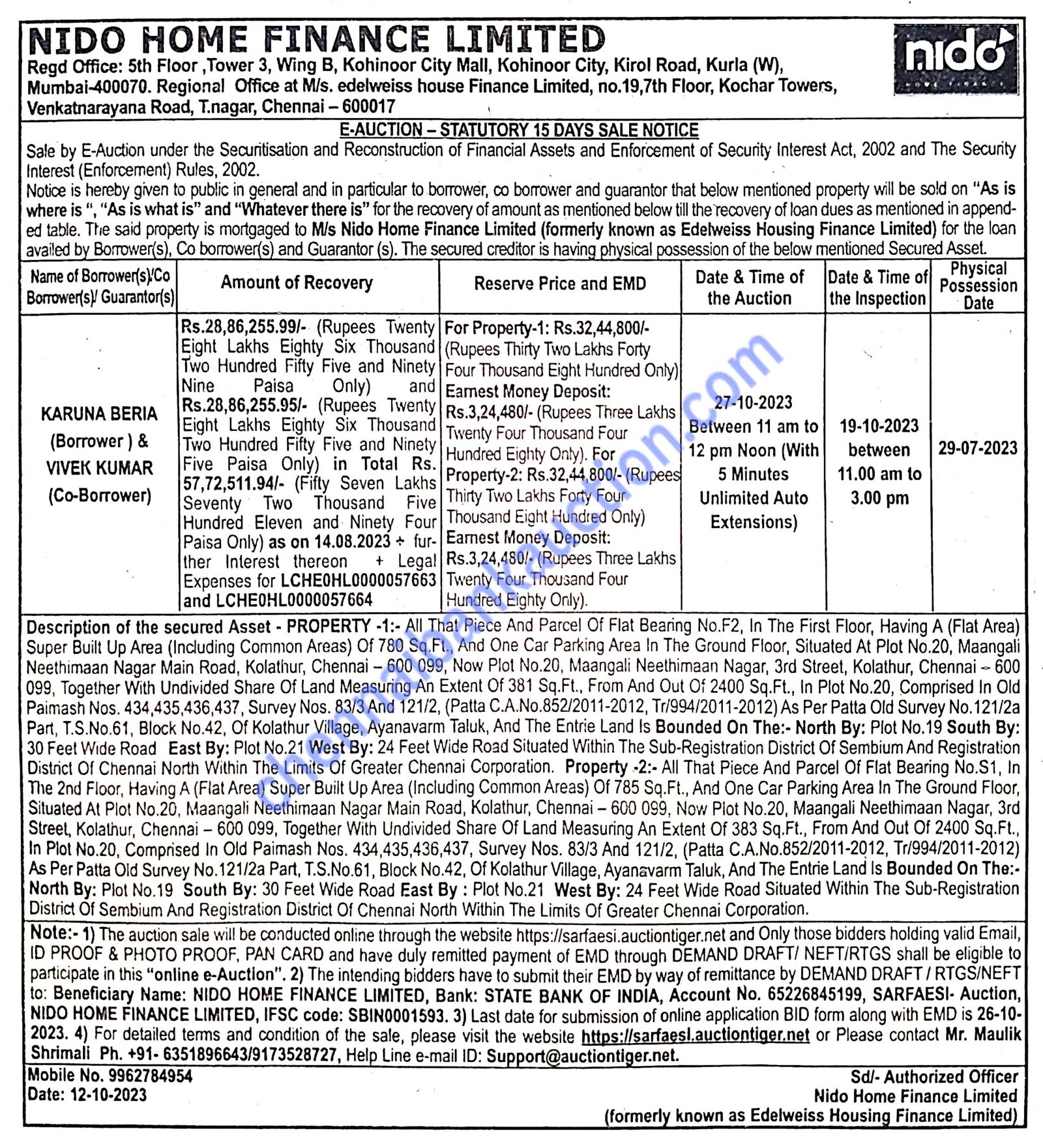 BANK AUCTION PROPERTIES CHENNAI BANK AUCTION