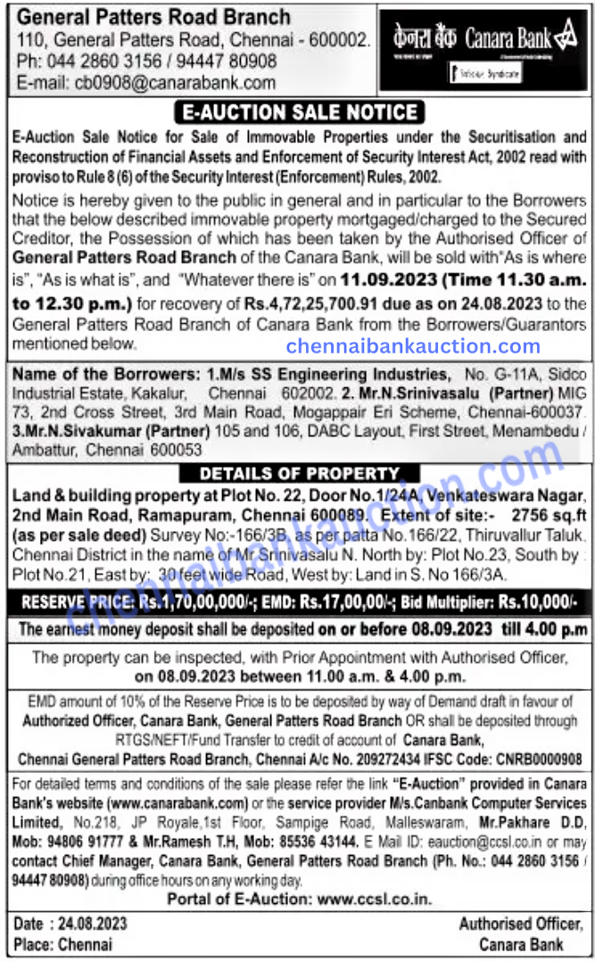 BANK AUCTION PROPERTIES CHENNAI BANK AUCTION