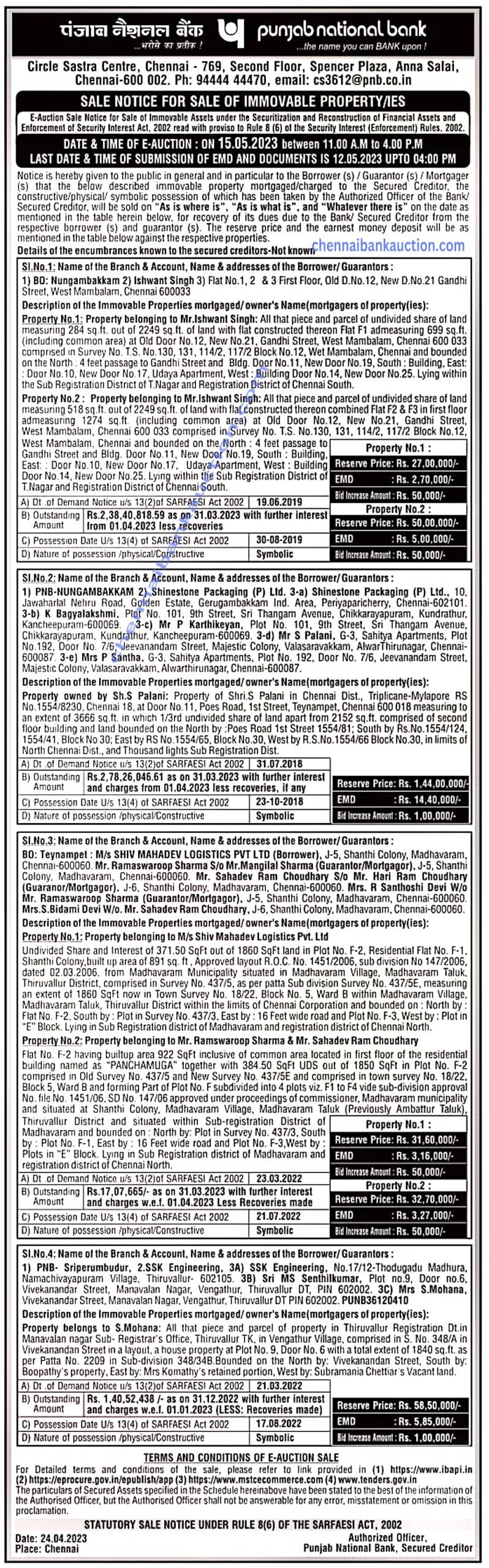 BANK AUCTION PROPERTIES CHENNAI BANK AUCTION
