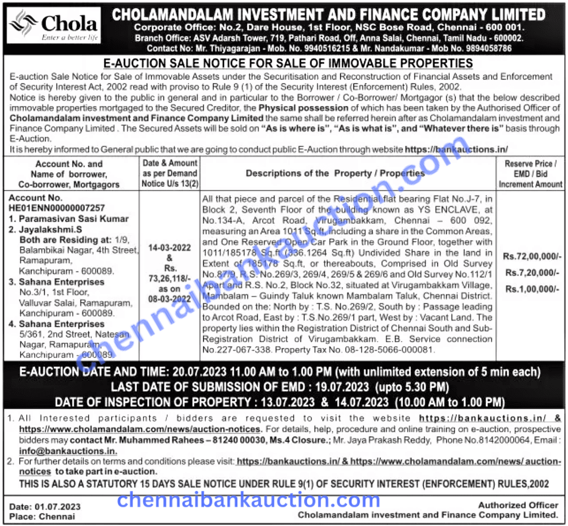 BANK AUCTION PROPERTIES CHENNAI BANK AUCTION