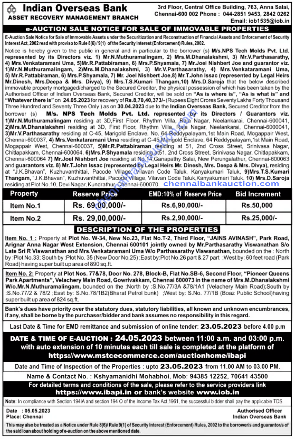 BANK AUCTION PROPERTIES CHENNAI BANK AUCTION