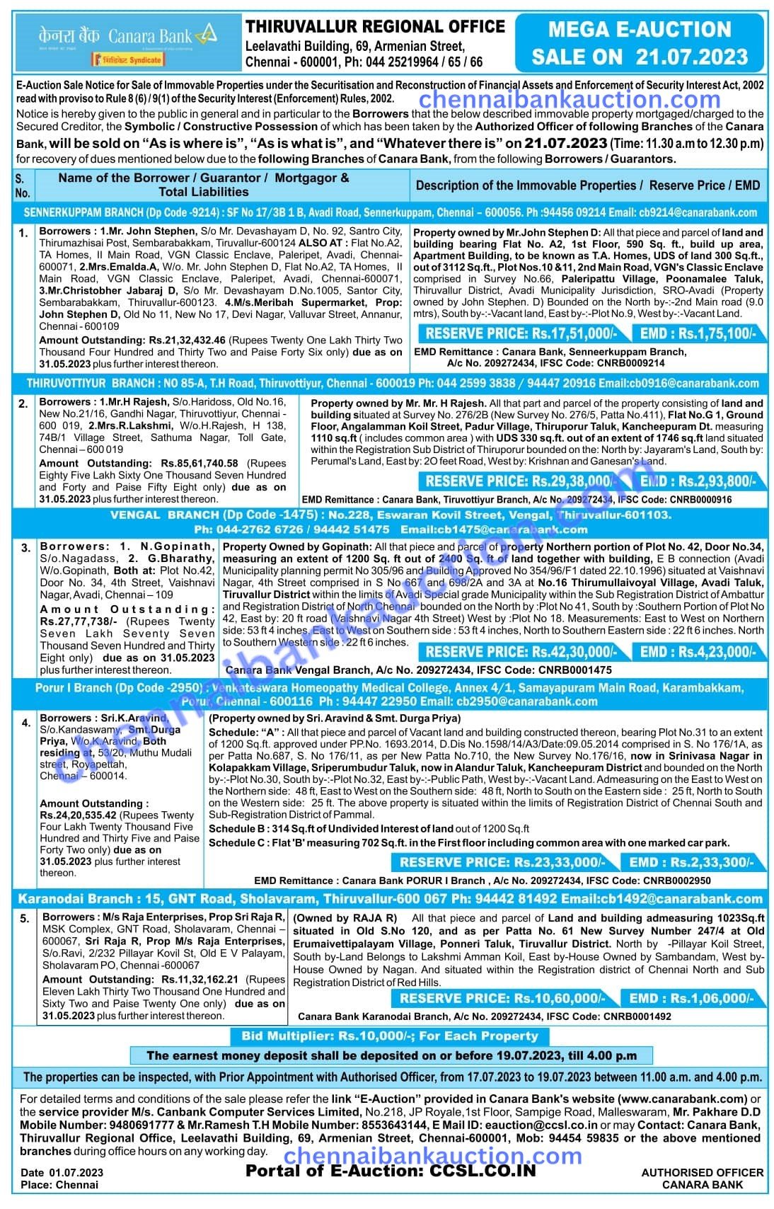 BANK AUCTION PROPERTIES CHENNAI BANK AUCTION