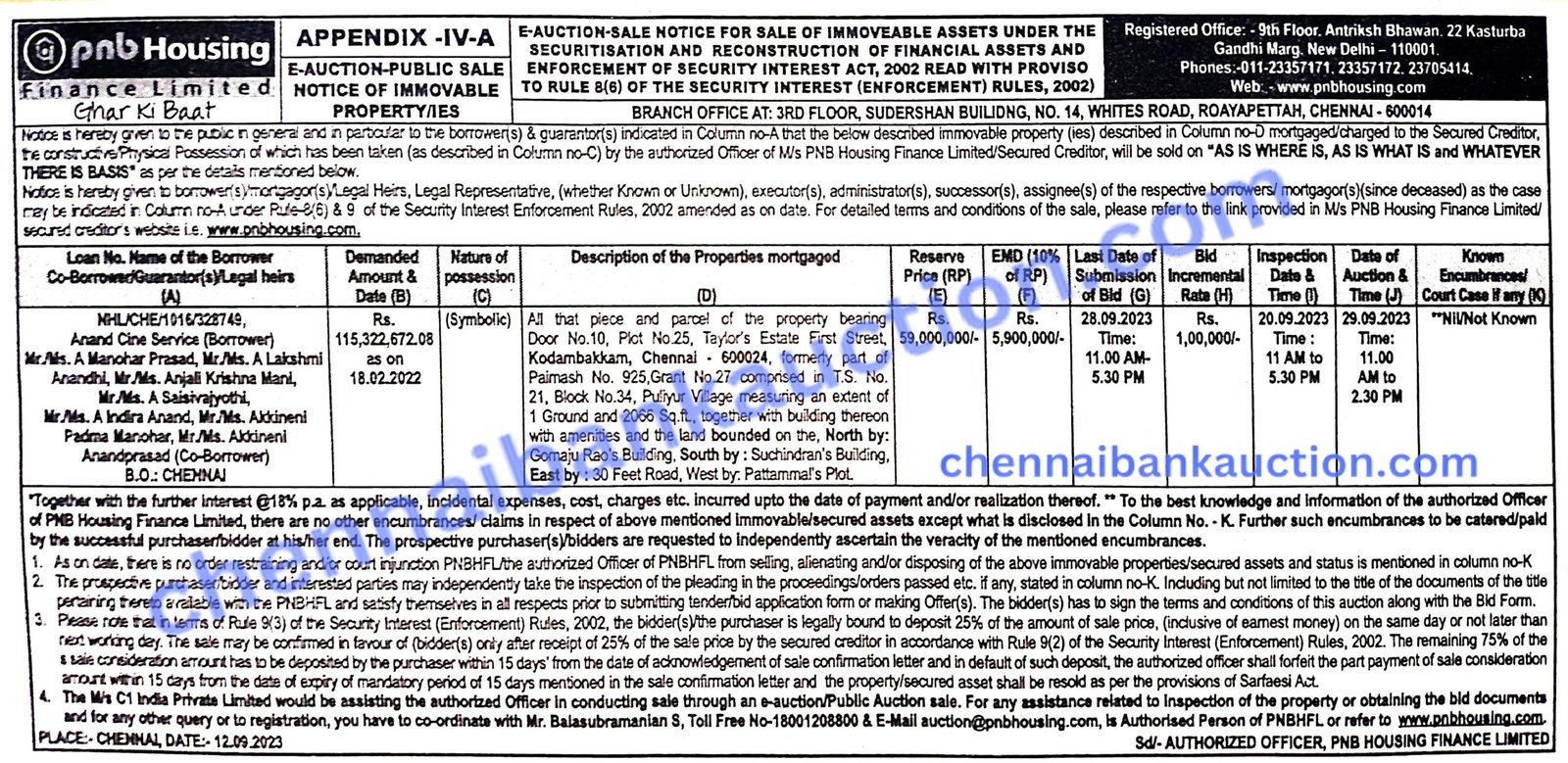 BANK AUCTION PROPERTIES CHENNAI BANK AUCTION