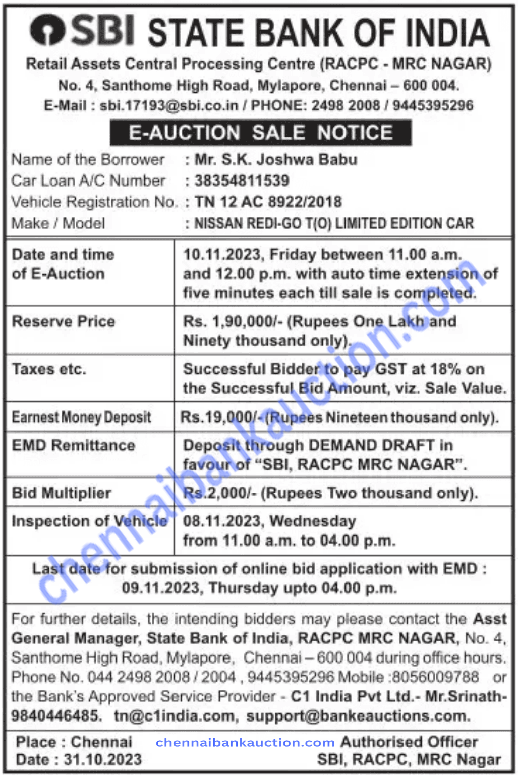 BANK AUCTION PROPERTIES CHENNAI BANK AUCTION