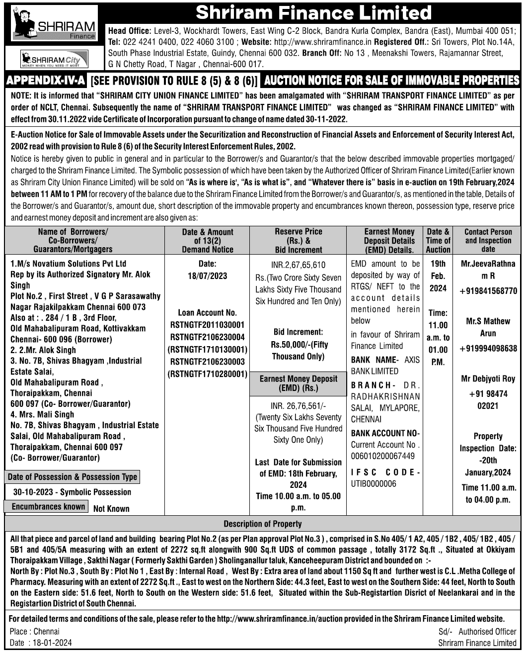 BANK AUCTION PROPERTIES CHENNAI BANK AUCTION