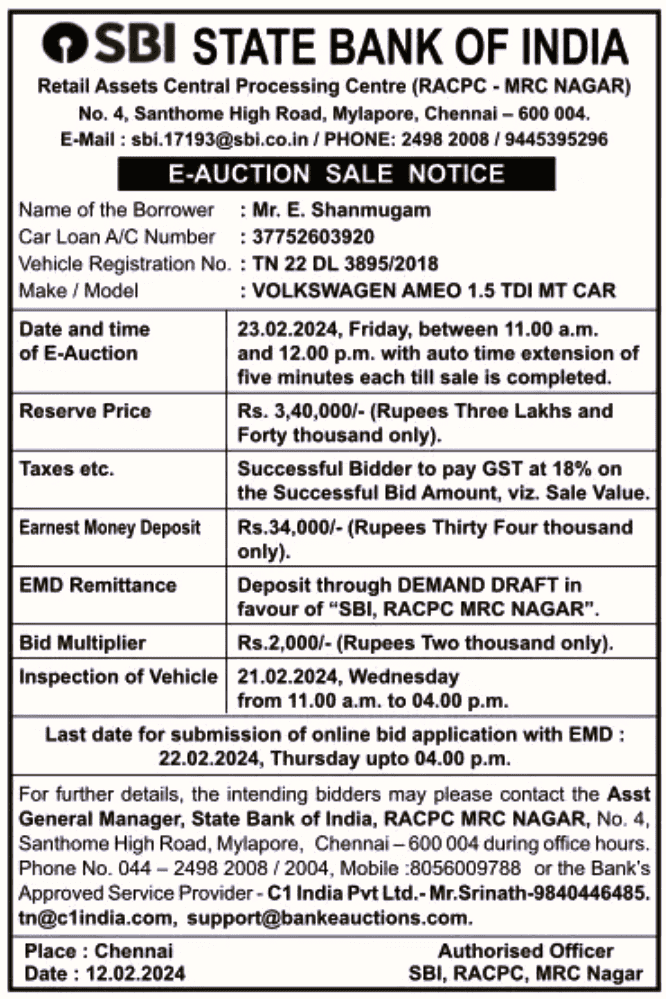 Volkswagen Ameo Car Auction in Chennai