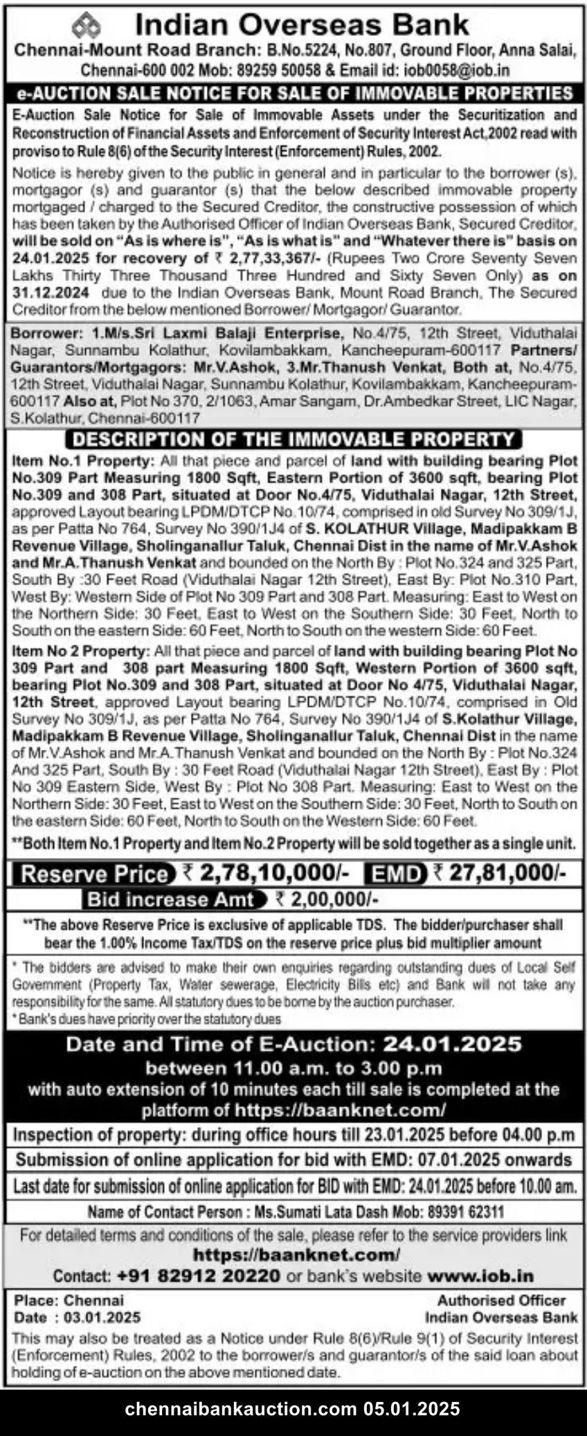 chennai bank auction sale 5 jan 25 11