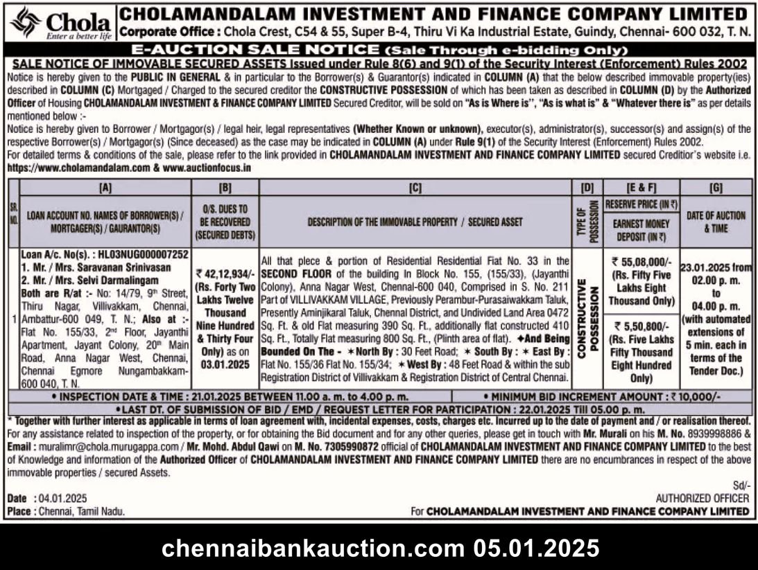Bank auction Flat Sale in Villivakkam
