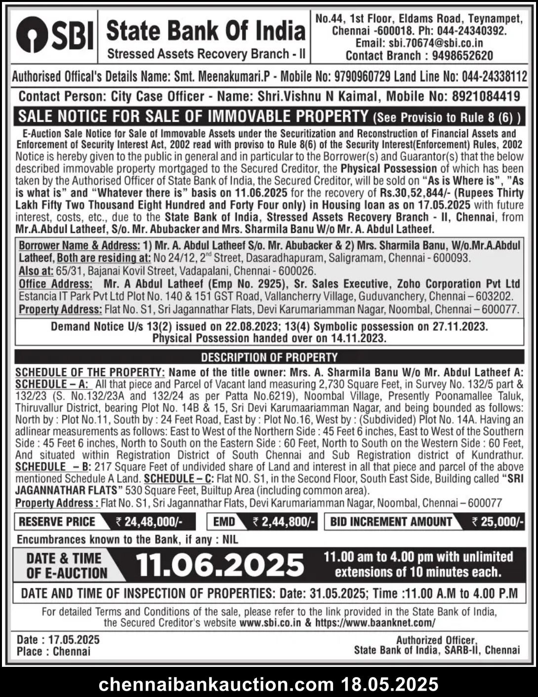 Bank e-Auction Flat Sale in Noombal 2 Bank e-Auction Flat Sale in Noombal